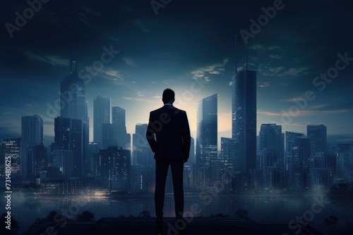 A lone man stands in front of a vibrant cityscape illuminated by countless lights at night, Silhouette of a businessman looking at a futuristic city skyline, AI Generated