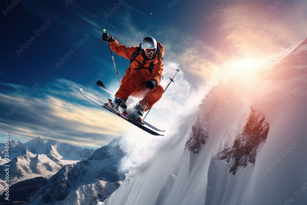 A man dressed in a bright orange ski suit leaps into the air from the edge of a mountain, Skier performing a jump on a snowy mountain slope, AI Generated A man dressed in a bright orange ski suit leaps into the air from the edge of a mountain, Skier performing a jump on a snowy mountain slope, AI Generated