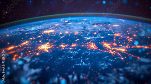 planet earth  from space with visible city lights with glowing particles and bokeh
