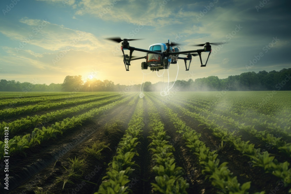 A small plane gracefully soars through the sky above a vibrant field of crops, Smart farming with drones and automated tractors, AI Generated A small plane gracefully soars through the sky above a vibrant field of crops, Smart farming with drones and automated tractors, AI Generated
