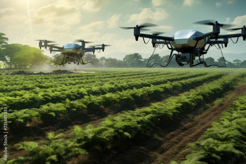 Two large airplanes soar through the sky above a vibrant and lush green field on a beautiful and clear day, Smart farming with drones and automated tractors, AI Generated