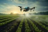 A small plane gracefully soars through the sky above a vibrant field of crops, Smart farming with drones and automated tractors, AI Generated