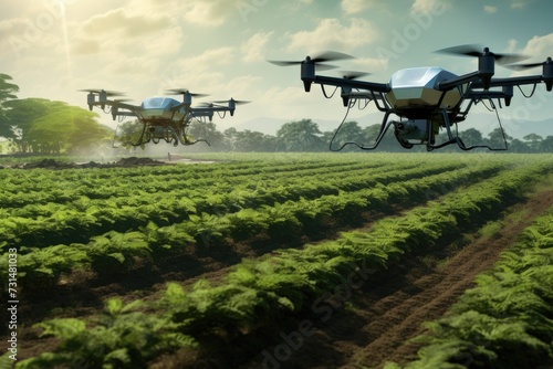 Two large airplanes soar through the sky above a vibrant and lush green field on a beautiful and clear day, Smart farming with drones and automated tractors, AI Generated © Iftikhar alam