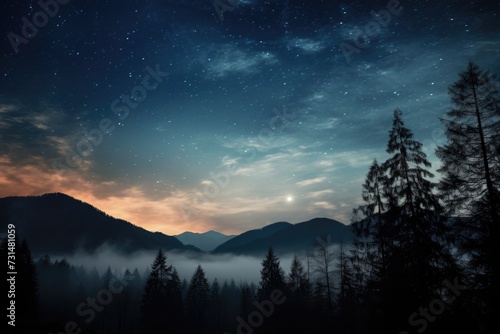 A breathtaking view of the night sky adorned with stars and clouds, casting a serene glow over a majestic mountain range, Smoky haze against a starry night, AI Generated