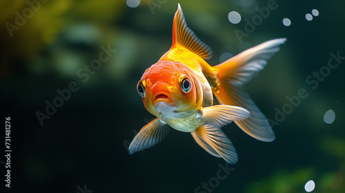 Goldfish swimming with fins spread in water.