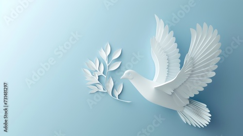 white dove holding branch in flying on blue background for freedom concept ,international day in paper cut style