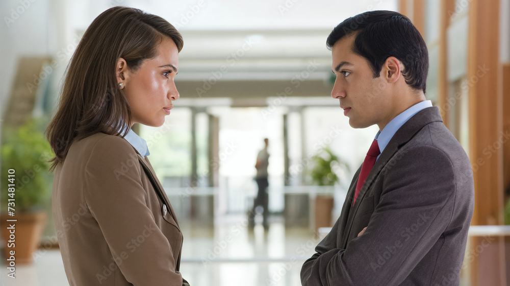 Two professionals in a standoff in office corridor. Two professionals in a standoff in office corridor.
