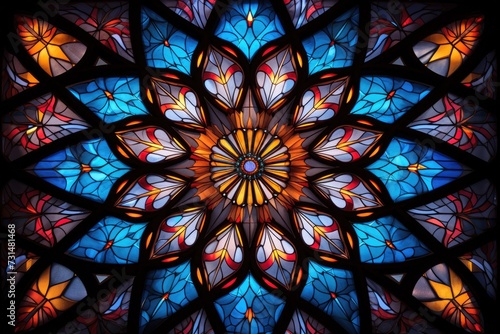 A vibrant stained glass window adorned with a beautiful and intricate flower design, Stained glass patterns with light filtration, AI Generated