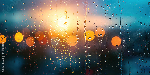 Rainy window with blurry city lights in the background at sunset. Bokeh out of focus blur, cold weather, melancholic mood, golden hour sunrays, longing concept backdrop
