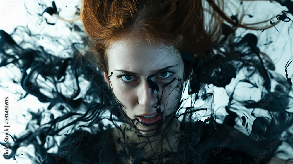 Woman submerged with ink swirling around her.