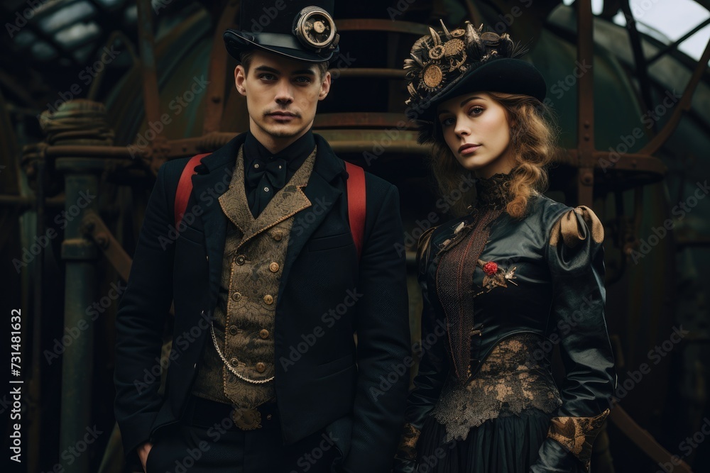A couple dressed in intricate steampunk clothing, featuring a fusion of Victorian aesthetics and futuristic elements, Steampunk inspired outfits in a vintage clockwork setting, AI Generated