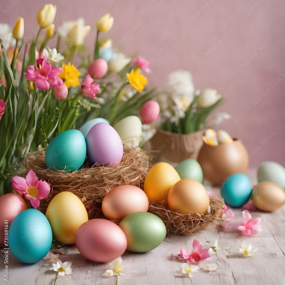 Happy Easter. Congratulatory easter background. Easter eggs and flowers. Happy Easter. Congratulatory easter background. Easter eggs and flowers.