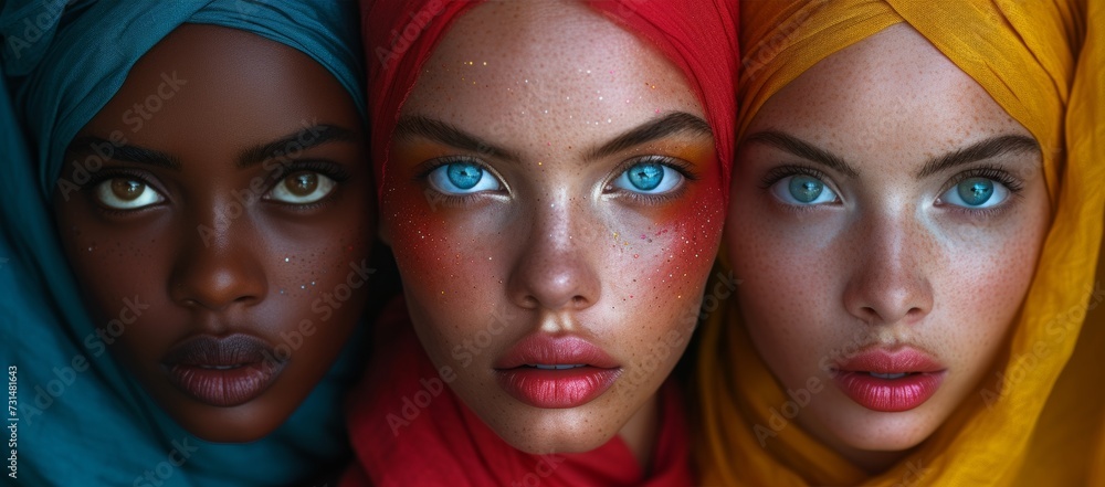 Three women with vibrant headscarves and striking eyes