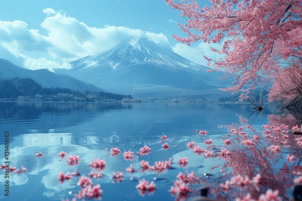 Cherry blossoms frame Mount Fuji and serene lake. Sakura