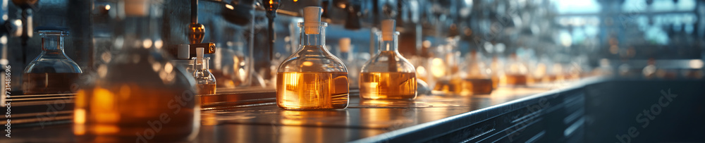 Laboratory test tubes filled with liquid and assorted glassware for chemistry research and experiments, Generative Ai Illustration. Laboratory test tubes filled with liquid and assorted glassware for chemistry research and experiments, Generative Ai Illustration.