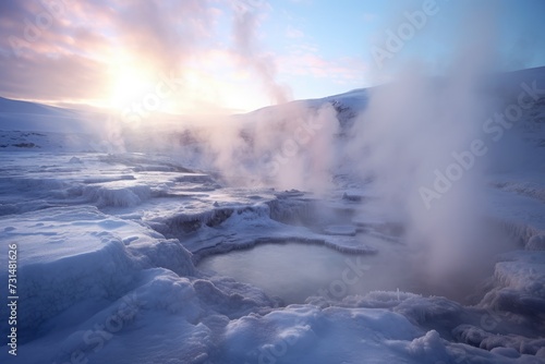 Witness the awe-inspiring spectacle of a geyser forcefully erupting and propelling water into the atmospheric heights, Steaming geysers surrounded by fluffy snow in a icy landscape, AI Generated