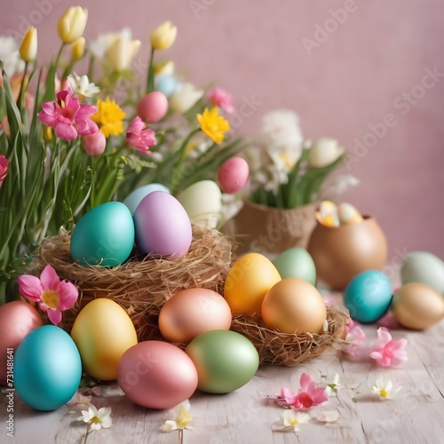 Happy Easter. Congratulatory easter background. Easter eggs and flowers.