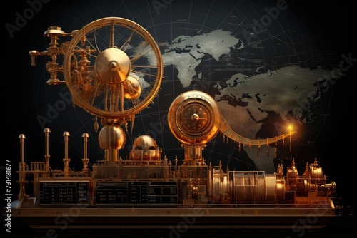 An illustrative model of a city placed against the backdrop of a detailed world map, Steampunk inspired rising stock market graph, AI Generated
