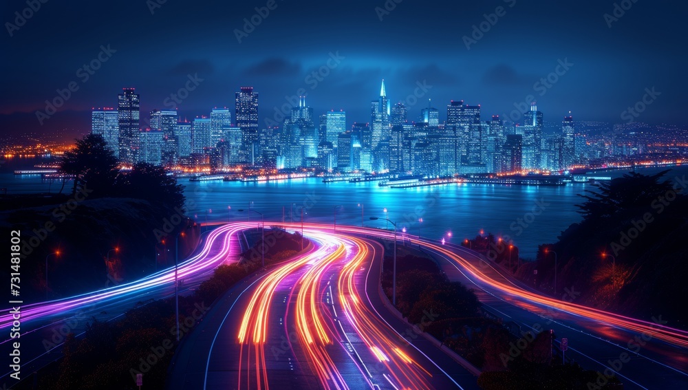 Nighttime cityscape with vibrant light trails and skyline