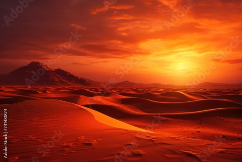 The vibrant sun sinking below the horizon casts a captivating glow over the breathtaking expanse of the desert, Stunning sunset over the Sahara Desert, AI Generated