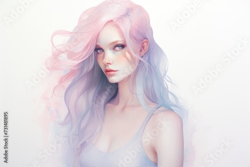 A captivating painting featuring a woman with vibrant pink hair, exuding a sense of allure and individuality, Subtle watercolor gradient, AI Generated