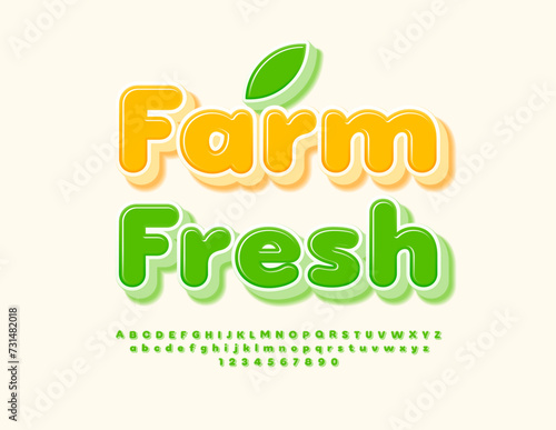Vector eco template Farm Fresh. Green 3D Font. Artistic Alphabet Letters and Numbers set.