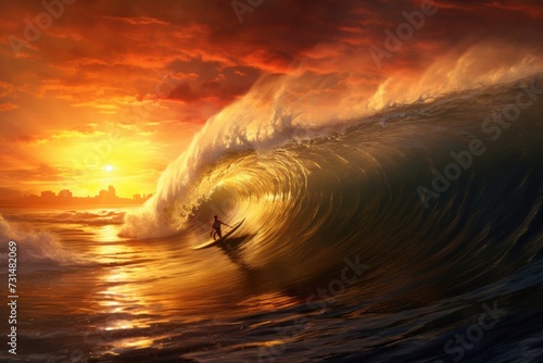 A captivating painting of a surfer skillfully navigating a massive wave, capturing the thrill and awe-inspiring power of the ocean, Surfer riding a gigantic wave during sunset, AI Generated © Iftikhar alam