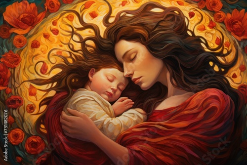 A touching painting capturing the beautiful bond between a mother and her baby, Surrealistic depiction of the love and warmth in every mother's heart, AI Generated
