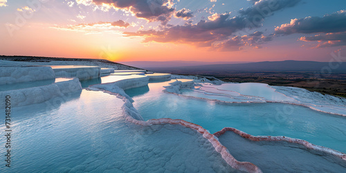 Canvas Print Mineral rich baby blue thermal waters in white travertine terraces on a hillside in Pamukkale, Turkey