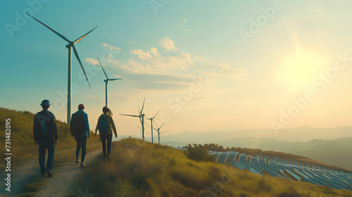 A image of a group of engineer with worker, walking at sustainable energy wind farm amongst a massive solar farm in a green hillside. Concept eco green renewable energy. Copy space. photo