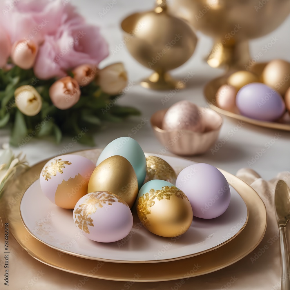 Fototapeta premium close up of pastel and gold easter eggs on plate, easter table setting
