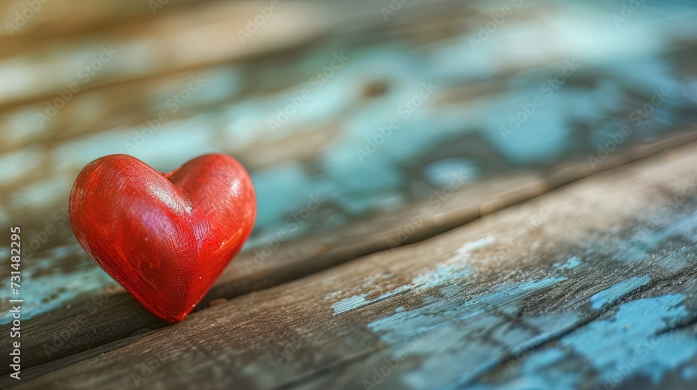 Fototapeta premium Love Ignites! Red Heart on Rustic Wooden Table Sets the Scene for Passionate Valentine's Day Romance. Capture Love's Essence in Every Moment!