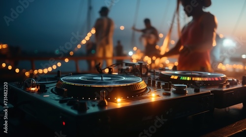 Night beach music party. Professional sound system dj console.