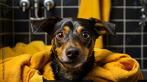 A dog wrapped in a yellow towel after a bath © Алла Морозова