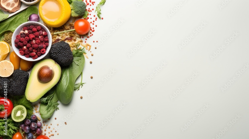 Healthy food concept. Fruits and vegetables on white background. Top view with copy-space.