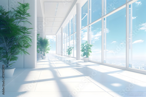 Modern Hallway with Plants and Sunlit Windows