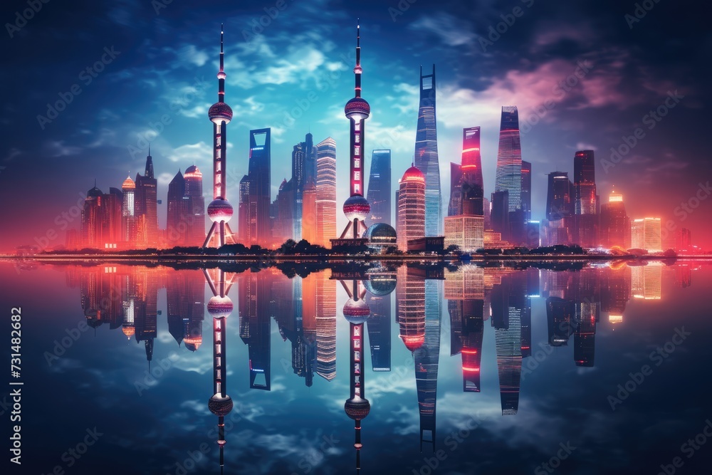 A stunning image capturing a city at night with its shimmering lights reflected in the calm water below, The glowing illuminated skyline of Shanghai at night, AI Generated