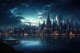 A dynamic and bustling cityscape adorned with numerous towering skyscrapers, The futuristic skyline of a sci-fi metropolis, AI Generated
