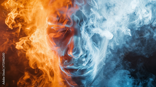 Face enveloped in swirling orange and blue smoke.