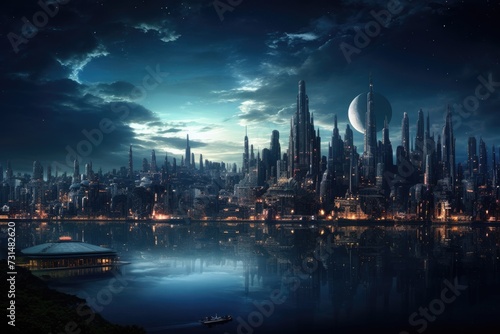 A dynamic and bustling cityscape adorned with numerous towering skyscrapers, The futuristic skyline of a sci-fi metropolis, AI Generated