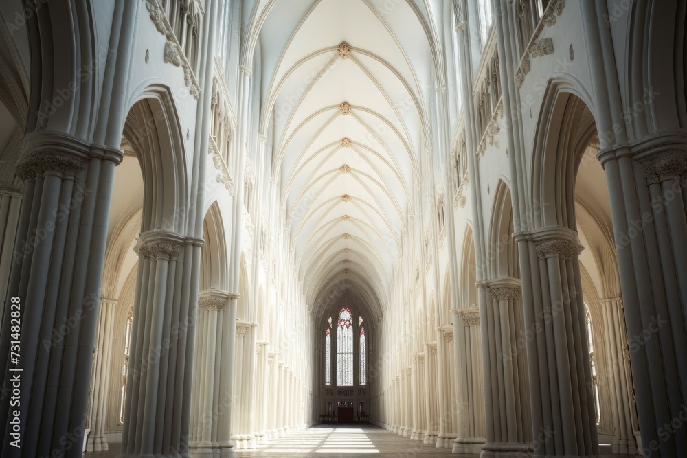 This image showcases a grand cathedral with a multitude of columns, The interior of a cathedral with soaring arches, AI Generated