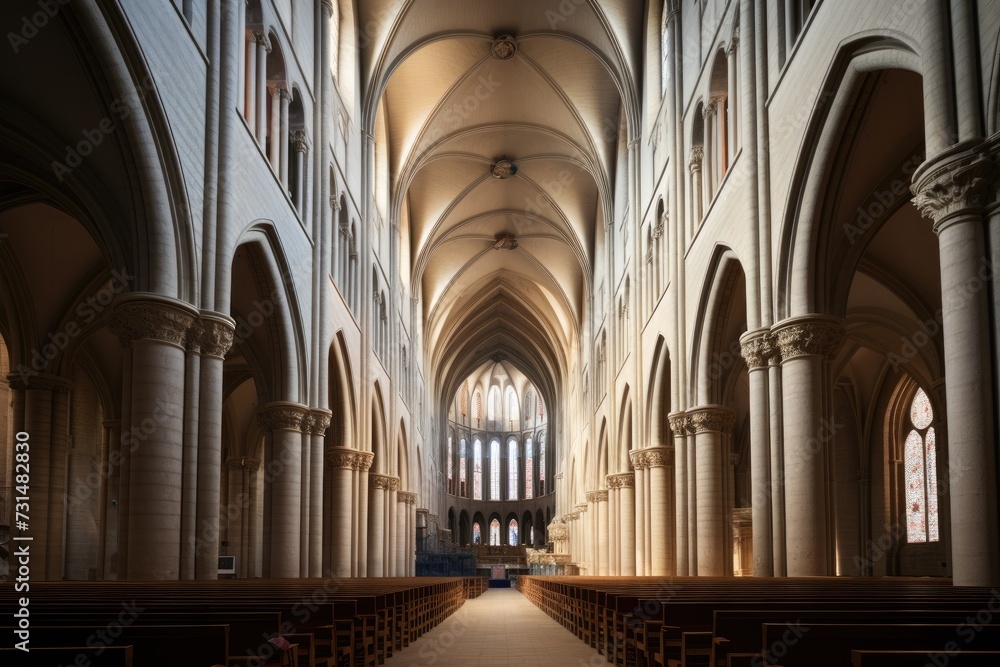 A grand cathedral showcasing its vast interior filled with rows of pews and soaring high ceilings, The interior of a cathedral with soaring arches, AI Generated
