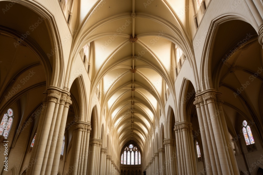 This image shows a grand cathedral with soaring ceilings and impressive columns, The interior of a cathedral with soaring arches, AI Generated