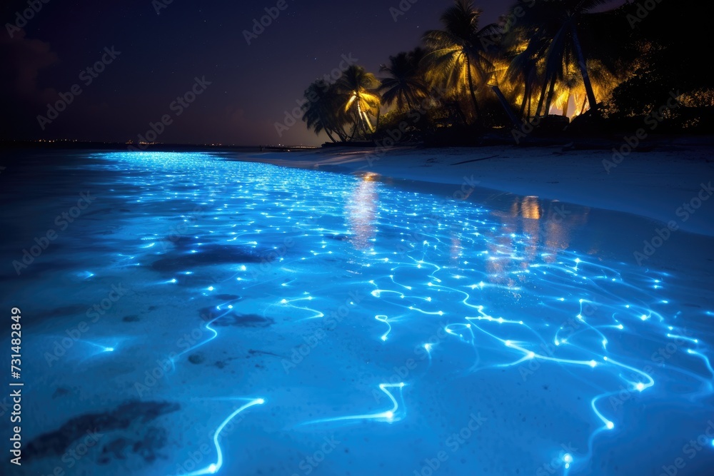 A beach covered in blue lights, giving it a captivating and enchanting ambiance, The luminous glow of bioluminescent plankton on a beach in Maldives, AI Generated