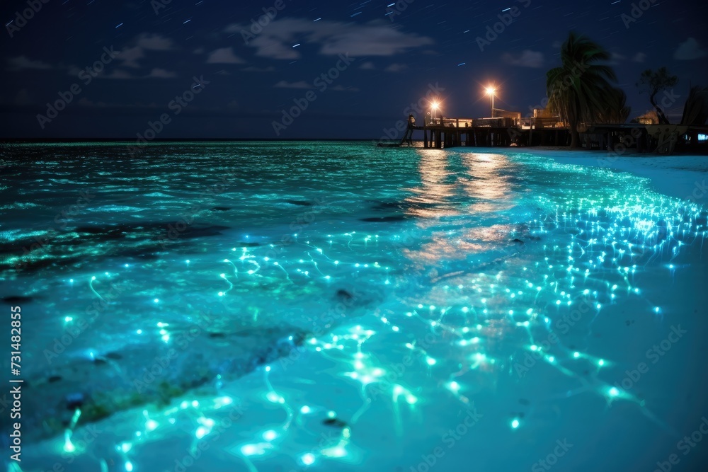 A beach illuminated by lights during the night, creating a captivating and serene atmosphere, The luminous glow of bioluminescent plankton on a beach in Maldives, AI Generated