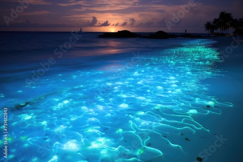 Crystal Clear Waters Grace a Vast and Serene Beach, The luminous glow of bioluminescent plankton on a beach in Maldives, AI Generated © Iftikhar alam