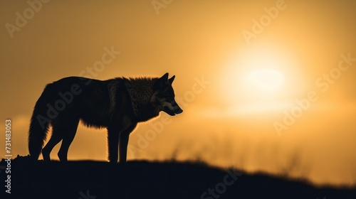 Silhouette of wolf on sunset sky.