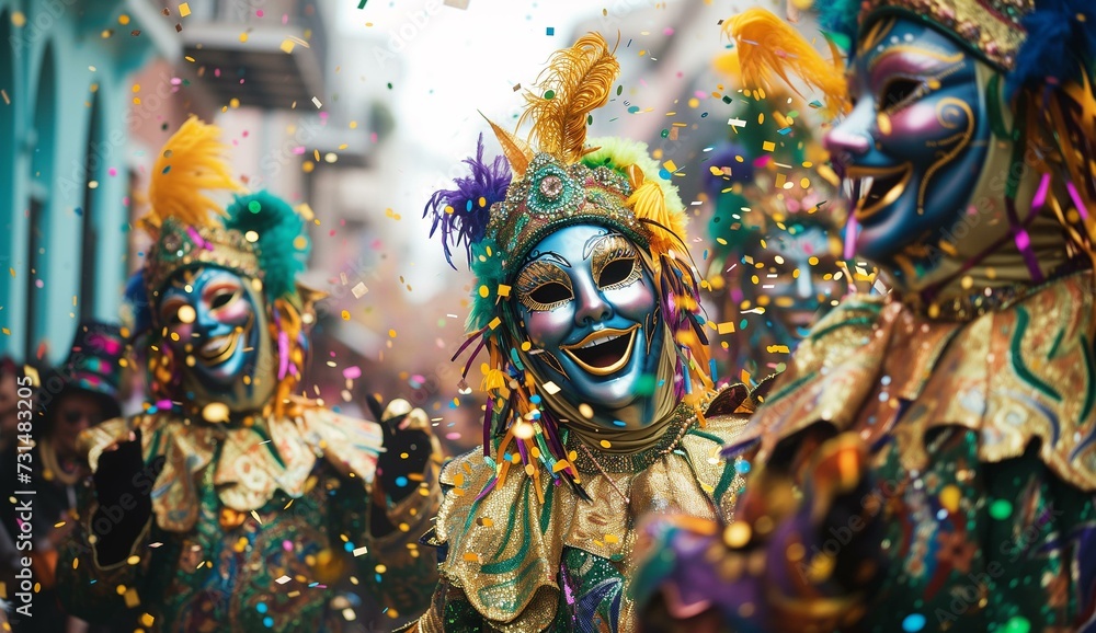 Vibrant Carnival Masks and Costumes with Confetti , surrounded by flying confetti, celebrating festively. mardi gras parade concept.