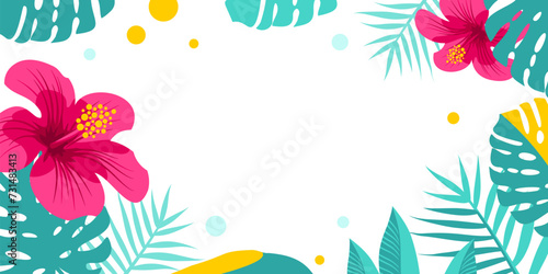 Tropical background. Vector web banner, poster, card for social media, networks. Hibiscus, tropical flowers on white background. Asian Pacific American Heritage Month background. Monstera leaf photo