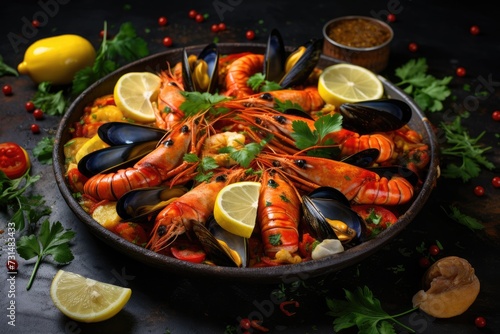 A delectable bowl of seafood, adorned with vibrant lemons and fresh parsley, awaits to satisfy your taste buds, Traditional Spanish paella with seafood and saffron, AI Generated